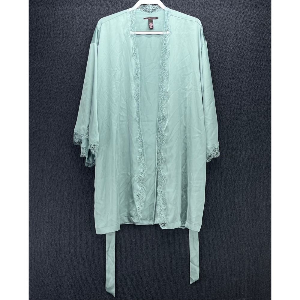 Victorias Secret Sage Green Satin Lace Trim Robe M/L Kimono Sleeve Loungewear
